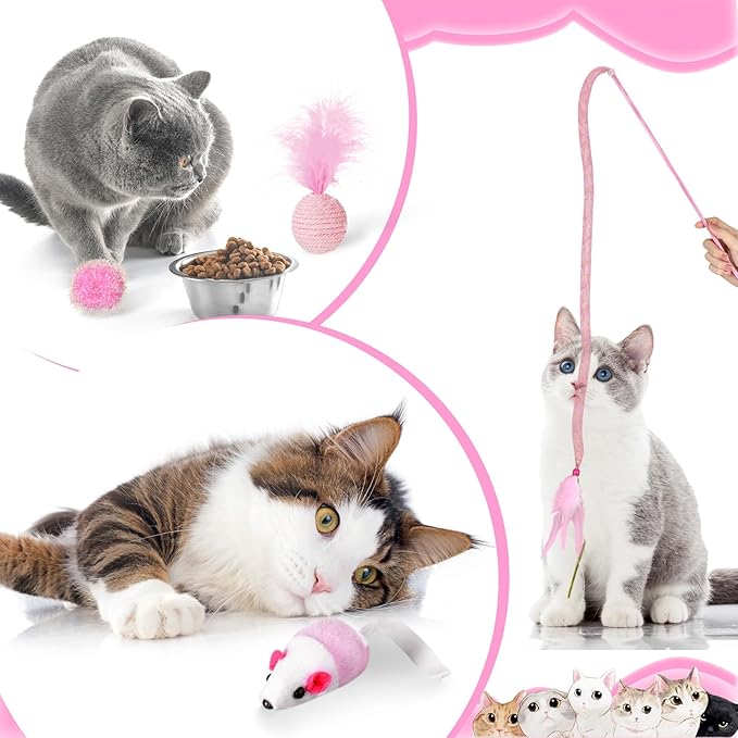 24 Pcs Cat Toys Set Interactive Kitten Toys Pack Including Collapsible Play Tunnel Feather Teaser Wand Fuzzy Ball Springs Pillow Mouse Bells for Indoor Cats Puppy (Pink)