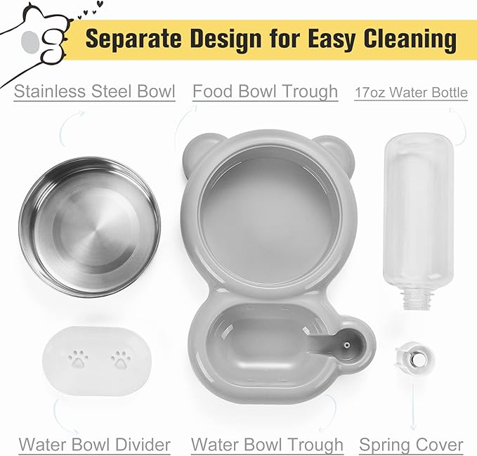 Dog Bowls, Cat Food and Water Bowl Set with Water Dispenser and Stainless Steel Bowl for Cats and Small Dogs - Grey