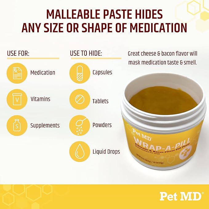 Pet MD Wrap A Pill Cheese & Bacon Flavor Pill Paste for Dogs - Make a Pocket or Pouch to Hide Pills & Medication - 8 oz (Pack of 2)