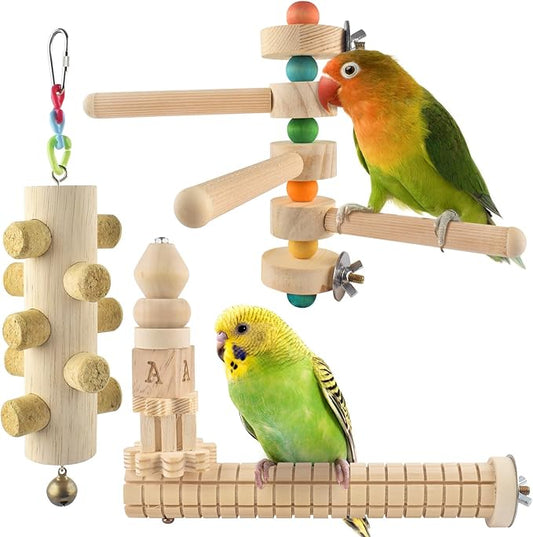 3pcs Natural Wood Bird Chewing Toys, Parrot Rotating Perch Stand, L-Shaped Perches with Chew Block, Hanging Cork Stopper Toys, Bird Cage Accessories for Parakeets Cockatiels Conures Lovebirds