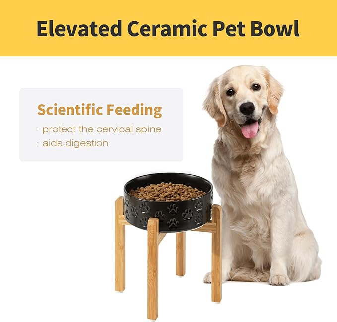 Elevated Ceramic Dog Bowls 2 Pack, 8.3 inch Raised Dog Bowl for Large Sized Dogs, 10" Wide x 11" Tall with Non-Slip Bamboo Stand, Dishwasher Safe (Double Bowls + Double Stands - Black, 8 inch)