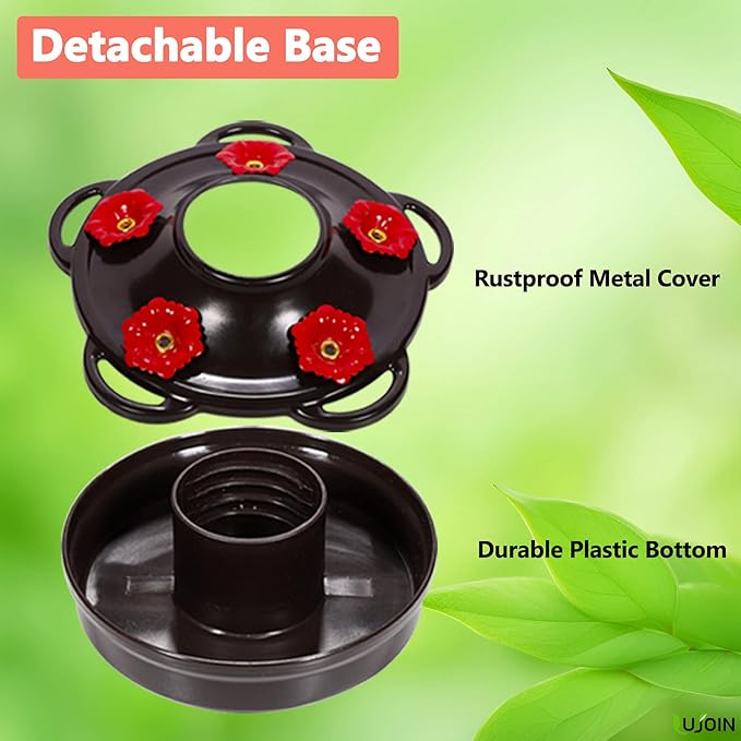 Spiral Shaped Hummingbird Feeder for Outdoors Hanging, Hand Blown Glass, 25 fl.oz, Leak Proof & Rustproof, Includes an Ant Moat, Metal Cover with 5 Feeding Ports, Red