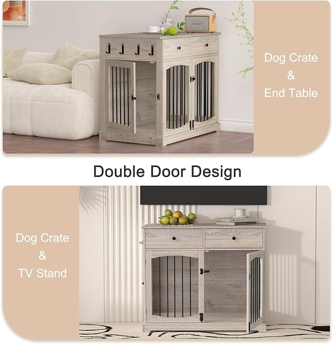 BREEZEHEAT 40 inch Dog Crate Furniture-Farmhouse Dog Kennel with Drawers-End Table Wooden Pet Crate, Double Door Design, Decorative Dog House Indoor for Small Medium Large Dog, Oak Grey