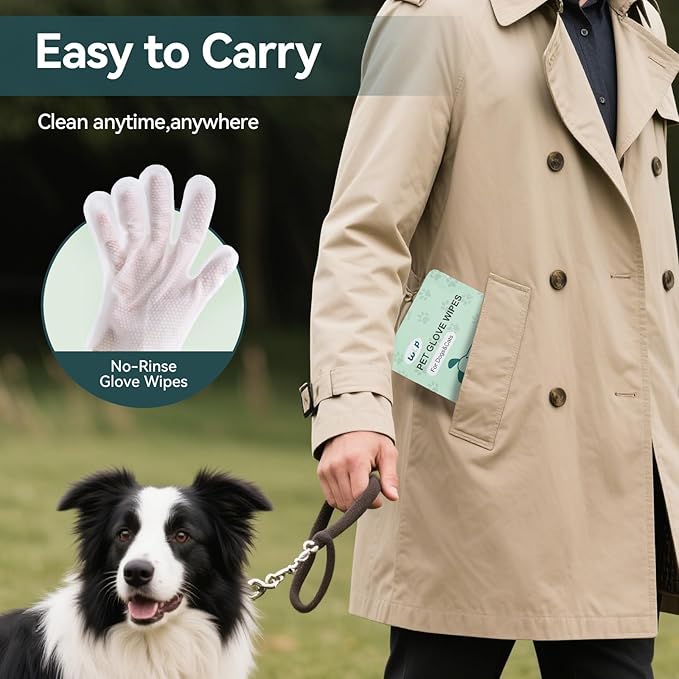 WLP Pet Glove Wipes for Dogs & Cats, Cleaning Deodorizing Hypoallergenic Hydrating Grooming Wipes, Individually Wrapped, Enriched with Aloe & Jojoba Oil for Daily Care, Traveling (6 PCS)