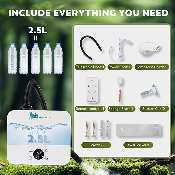 Moongiantgo Reptile Humidifier with Humidity Control, 3 Gears Adjustable Fog, Timing Function, Reptile Terrarium Fogger with 2.5L Tank and Extended Hose for Reptiles Lizard Gecko Snake Plants