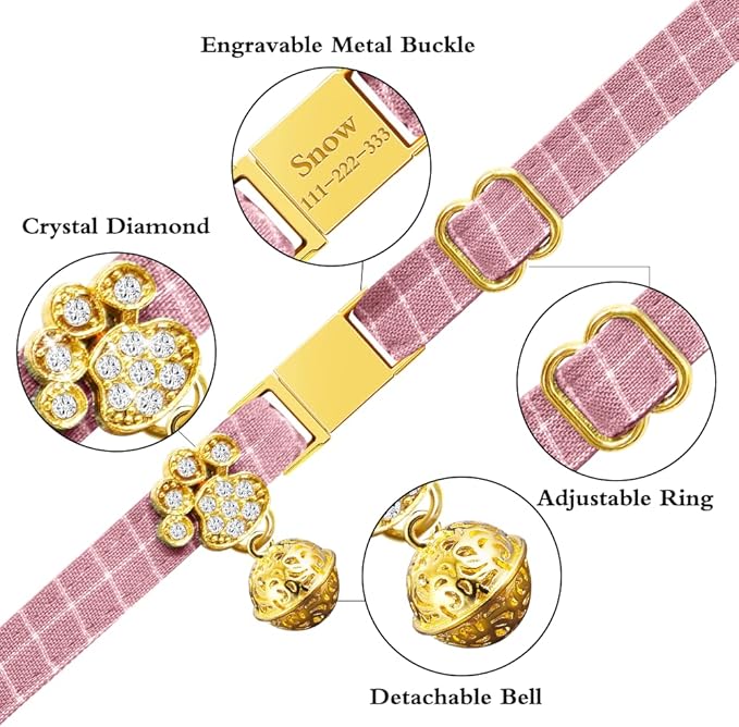 Personalized Breakaway Cat Collars - Magnetic Buckle, Bell - Safety Quick Release, Customized for Girls & Boys Cats- (Checkered-Pink)