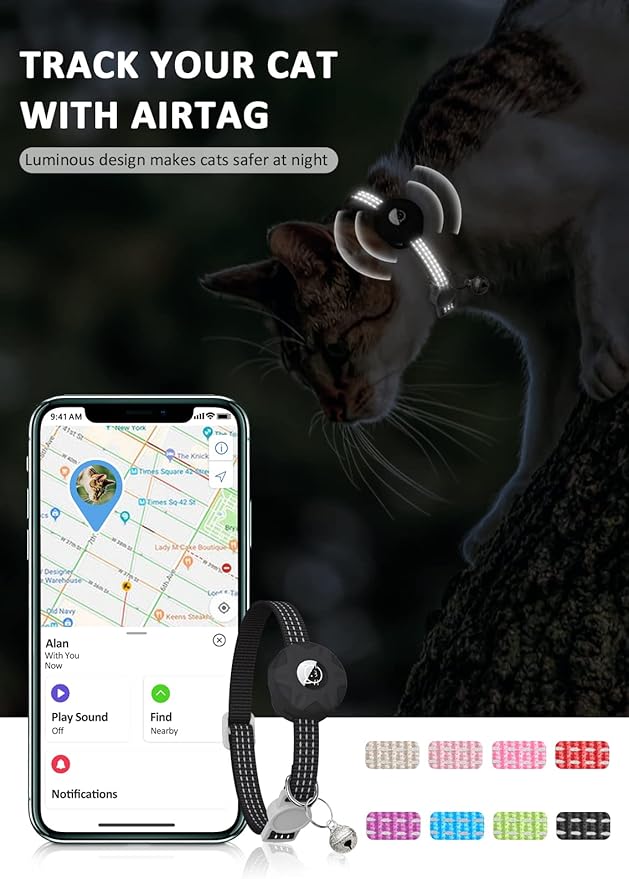 Apple AirTag Cat Collar, GPS Tracker Kitten Collar with Breakaway Feature and Bell, Lightweight for Cats and Kittens (Black)