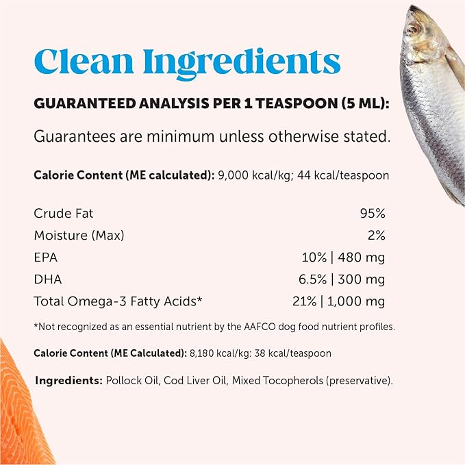 Omega 3 Fish Oil Supplement for Dogs & Cats (32oz), Wild Caught Omega 3 Fish Oil for Skin and Coat Health, Supports Shedding, Skin & Coat, Immunity, Joint, Brain & Heart, EPA + DHA