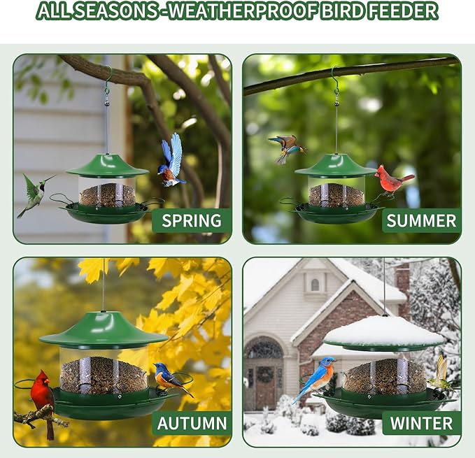 Metal Bird Feeder for Outdoors, Hanging Wild Bird Feeder with Spill-Proof Tray, All-Weather Outdoor Bird Feeder with Water-proof PVC Tube,Easy to Clean and Fill, 4.5Lb Capacity,Gifts for Outdoor Decor