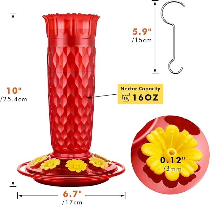iBorn Hummingbird Feeders for Outdoors 16OZ Bird Feeders for Outdoors Hanging, Hummingbird Feeder with 8 Bee Guard Feeding Ports & Built-in Ant Moat, Silicone Flower, Red Honeycomb Exterior