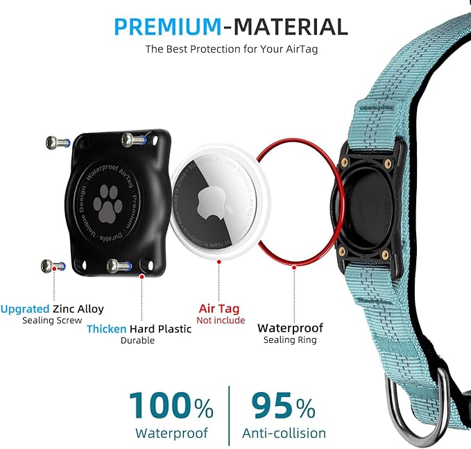 Upgraded AirTag Dog Collar, IP68 Waterproof Air Tag Dog Collar Holder, Reflective, Ultra-Durable, Comfortable Padded, Heavy Duty Dog Collars for Small Medium Large Dogs (M (12.6"-17.1"), LightBlue)