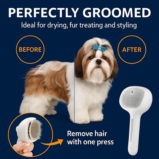 Renu Dog Brush, Renu FreshFur Dog Shower Brush + Bathing Solution, 3 in 1 Self Cleaning Steamy Pet Brushes, Dog Grooming Tool for Long & Short Hair, Removes Loose Hair Reduces Shedding (White)