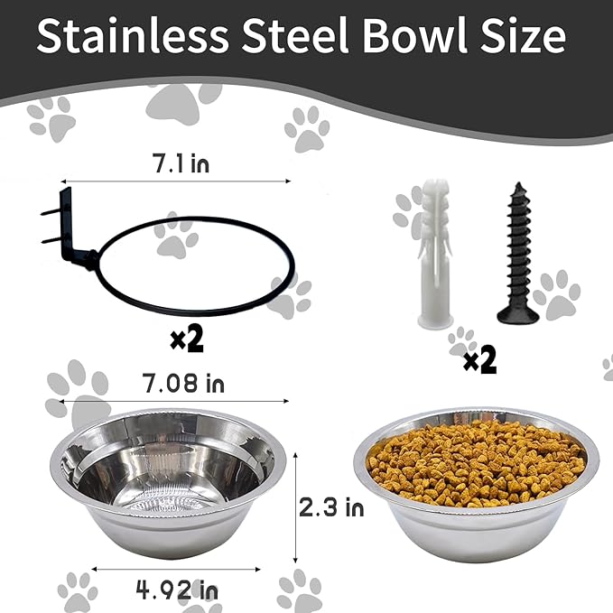 Wall Mounted Dog Bowls-2 * 29 Oz, 304 Stainless-Steel Raised Adjustable Height Dog Food and Water Bowls, Elevated Pet Comfort Feeding Bowl for Medium Large Dogs Cats(Collapsible)