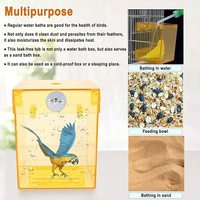 kathson 2PCS Parrot Bath Box Hanging Bird Bathtub Tub Bath Acrylic No-Leakage Shower Box Bowl Cage Accessory for Small Pet Bird Parakeet Canary Cockatiels Budgies Lovebirds（Yellow）