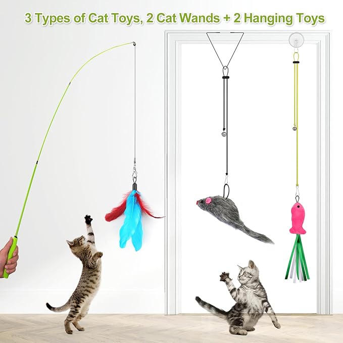 ChicWow Interactive Retractable Cat Wand & Hanging Toys for Cats - 2 Wands, 2 Hanging, 7 Teaser Cat Toys for Indoor Adult Cats Kitten, Includes Feather, Mouse, Fish, Worm, 1 Spare Elastic Rope