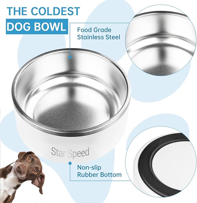 StarSpeed Stainless Steel Dog Bowl. Water Bowls for Large Dogs with Rubber Bottom, Drop Resistant and Durable, Keeps Cold, Holds 8 Cups of Water, Fits Different Size Dog Bowls. (64oz, White)