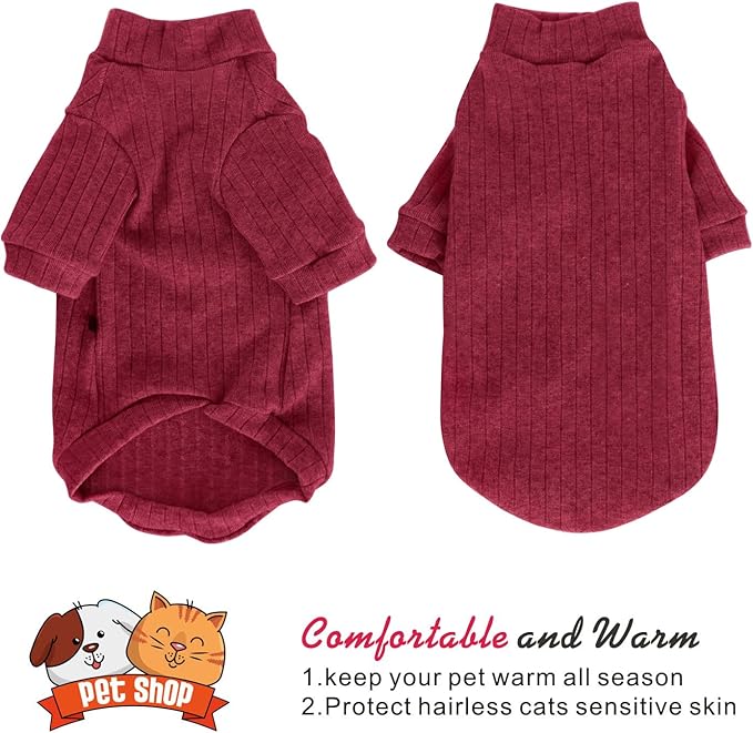 Idepet Sphynx Hairless Cats Sweater Shirt Kitten Soft Puppy Clothes Pullover Cute Cat Pajamas Jumpsuit Cotton Apparel Pet Winter Turtleneck for Cats and Teacup Chihuahua Small Dogs(Red,XXL)