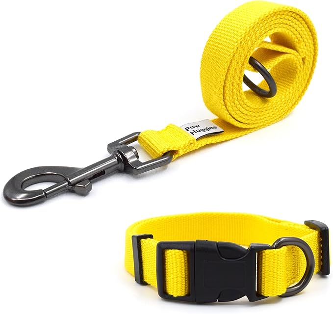 Yellow Dog Collar and Leash Set for Medium Size Dog, Breathable, Anti-Odor & Soft, Comfortable for Sensitive Skin Puppies, 90% Bamboo Rayon, Adjustable Quick-Release Buckle Pet Collar