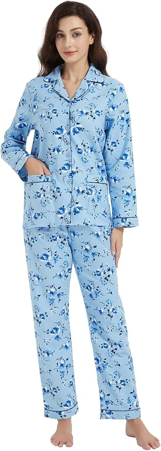 GLOBAL Flannel Pajamas for Women 2-Piece Comfy and Cozy Flannel Pj Set Cotton Loungwear
