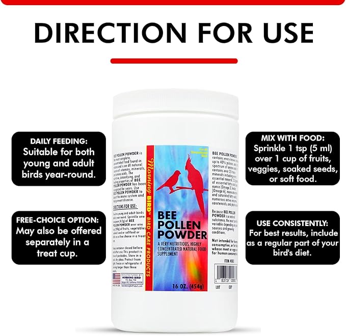 Morning Bird Bee Pollen Powder for Birds 16 Oz – Complete Nutrition with Protein, Amino Acids & Immune Support – Bird Vitamin & Mineral Supplement for Daily Health & Wellness