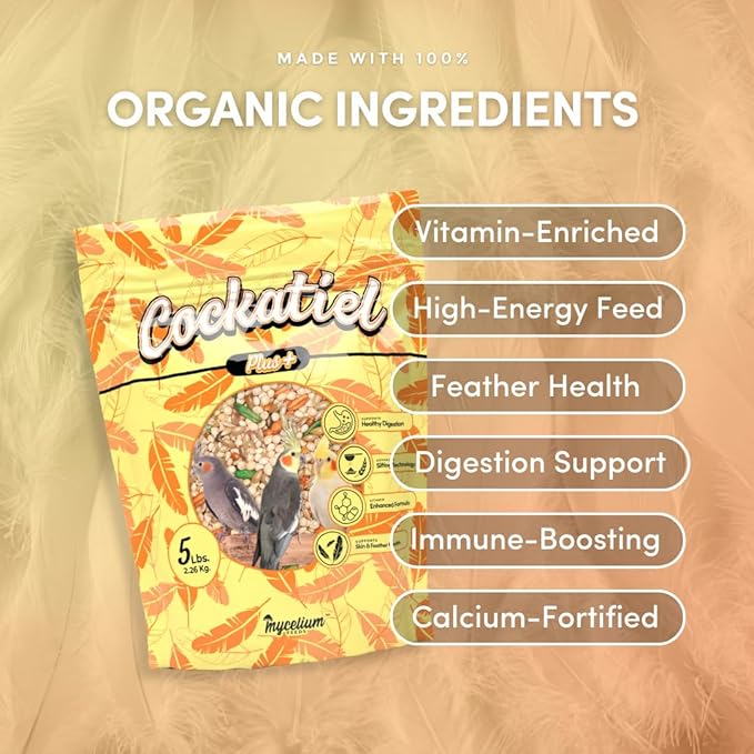 Mycelium Organic Cockatiel Plus Feed (5 LB Bag) | Complete Bird Seed Mix for Cockatiels with Vitamins & Minerals | Supports Digestion, Feather Health & Immune Function | Non-GMO, USA-Grown Ingredients