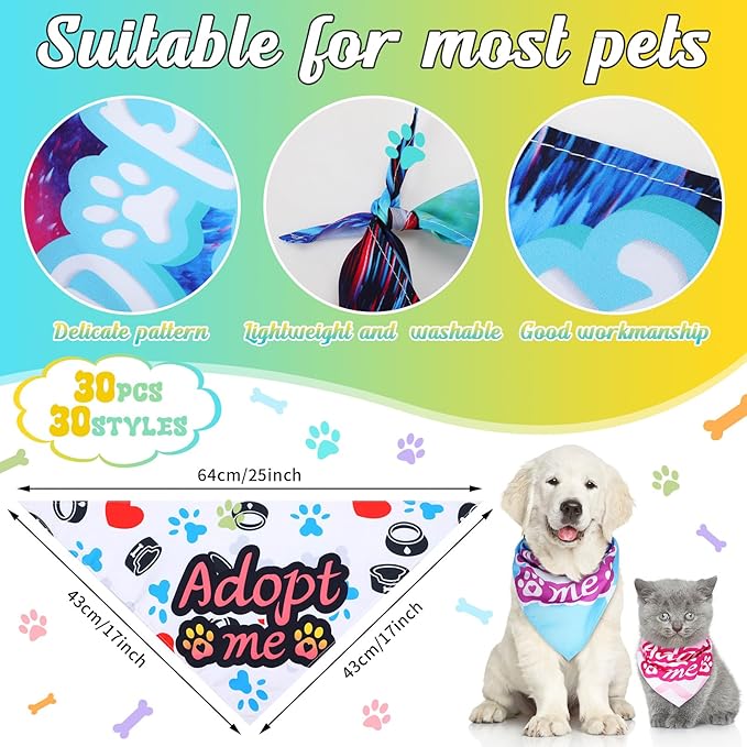 30 Pcs Dog Bandanas Bulk Pet Bibs Colorful Triangle Scarf Pet Bandanas for Medium Large Dogs Spring Summer Birthday Costume Decoration (Adopt Me)