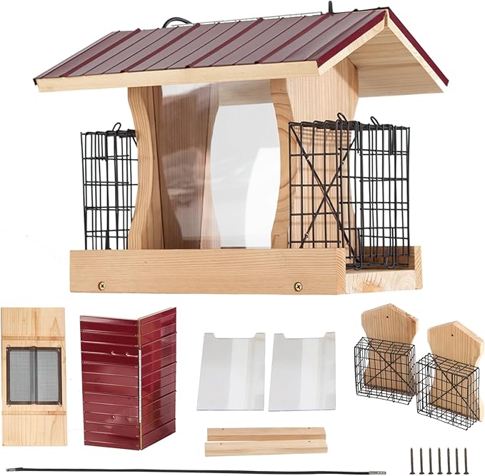 XL Hopper Bird Feeder for Outside - DIY Birdfeeder Kits for Adults to Build - Ranch Feeder W/Suet Cages - Heavy Duty 3/4" Red Cedar - Longtime Durability - 10 Lbs Compacity, 13" Size
