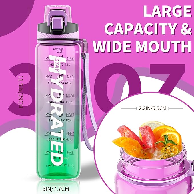 Water Bottle, 32 oz Motivational Water Bottles with Time Marker-Tritan & BPA Free, Sports Water Bottle with Time to Drink & Strap, Wide Mouth, Leakproof -Gift for Christmas Gym Fitness & Outdoor