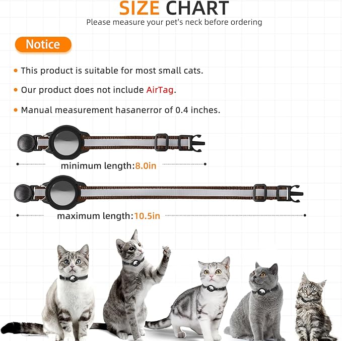 Airtag Cat Collar Breakaway, Odokele Reflective Cats Collars with Apple Air Tag Holder for Kitten, Cat GPS Tracker Adjustable Collars with Safety Quick Release Buckle for Kitties and Puppies - Coffee