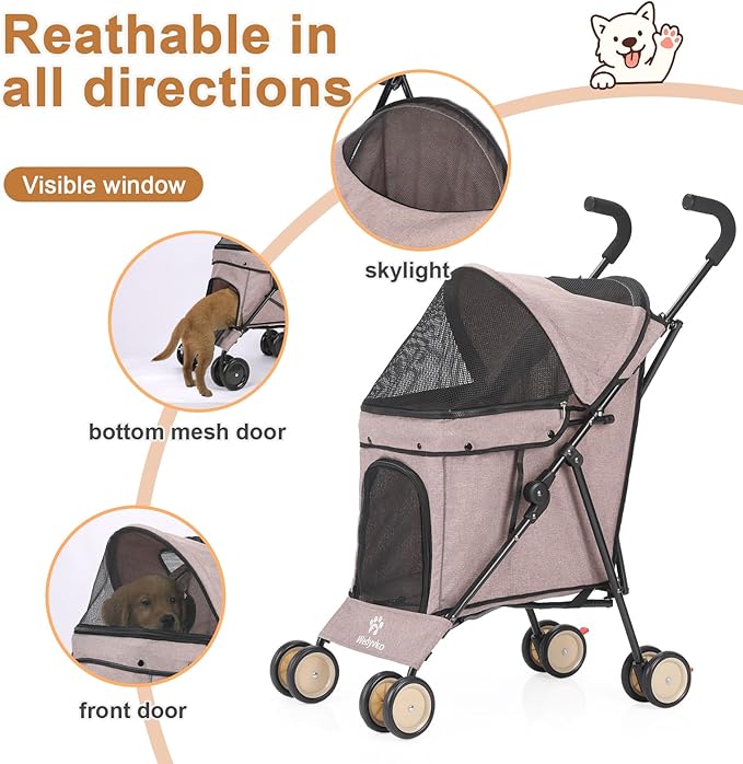 Umbrella Dog Stroller, 4 Wheels Pet Strolling, Foldable Carrier Pet Stroller for Small Dogs Cats, with Carrying Strap and Cup Holder, Dog Poop Bags & Dispenser, Up to 33 lbs, Coffee