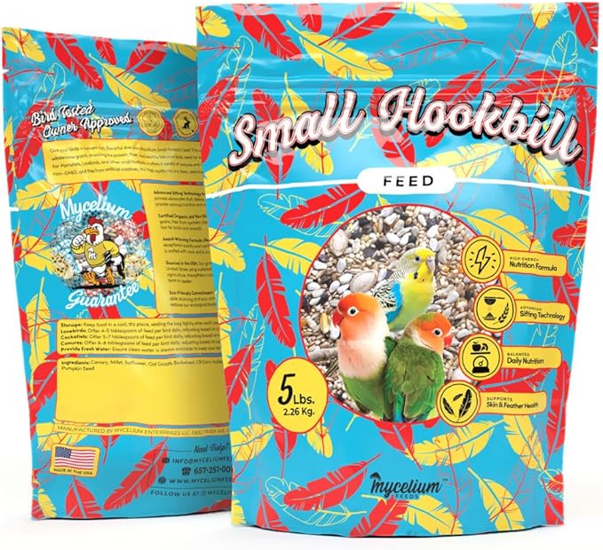 Mycelium Small Hookbill Feed (5 LBS) | Organic, Non‑GMO Bird Food for Cockatiels, Conures & Lovebirds | Filler‑Free with Hulled Seeds | Daily Energy, Skin & Feather Support | Made in USA
