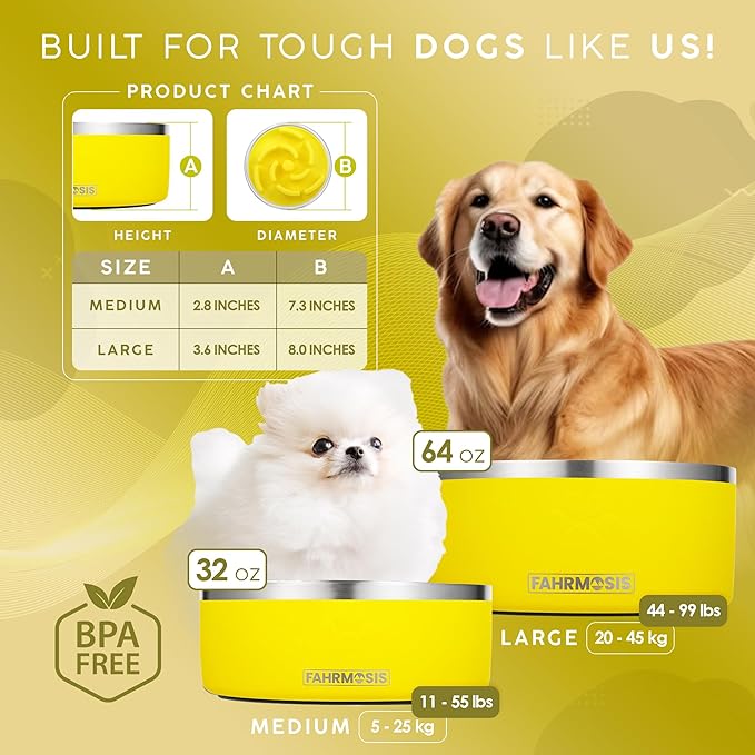 32 Oz Dog Bowl with Slow Feeder Insert Stainless Steel Pet Water Bowl for Medium & Large Breed Non Slip Rubber Base & Plastic Puzzle Feeder - Yellow