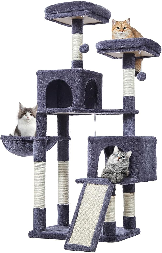 Taoqimiao 56.3-Inch Cat Tree, Cat Tower with Scratching Posts, Cat Tree House for Indoor Cats with hammocks, Toys, Condo and Large Scratch Board, Smoky Gray MS012G