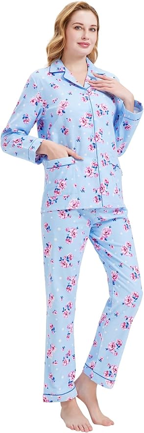 GLOBAL Flannel Pajamas for Women 2-Piece Comfy and Cozy Flannel Pj Set Cotton Loungwear