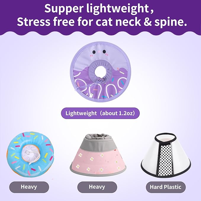 Cat Recovery Collar Lightweight Soft Cats Cone Cute Donut Shape Adjustable Fasteners Waterproof Pet Collar After Surgery to Prevent Licking for Kitten and Puppy (Purple, Small)