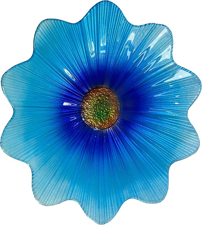 HONGLAND Glass Birdbath with Metal Stand Outside Yard Garden Decor, 15" Diameter Detachable Glass Bird Baths Bowl for Outdoors, 21 inch Height (Blue Flower)