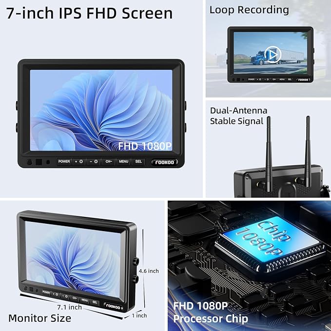 Fookoo HD Magnetic Wireless Backup Camera, 1080P 7" Dual Split Monitor & Rechargeable Rear View Cameras, Lower Consumption 1-Min Installation No Drilling Recording for RV Trailer Truck Camper DCX702