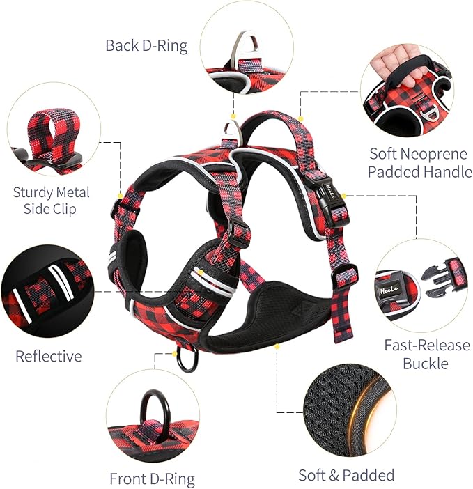 HEELE Dog Harness Dog Harness Small Dog No Pull Harness with Soft Handle Reflective Harness Adjustable, Checkered-Red, S