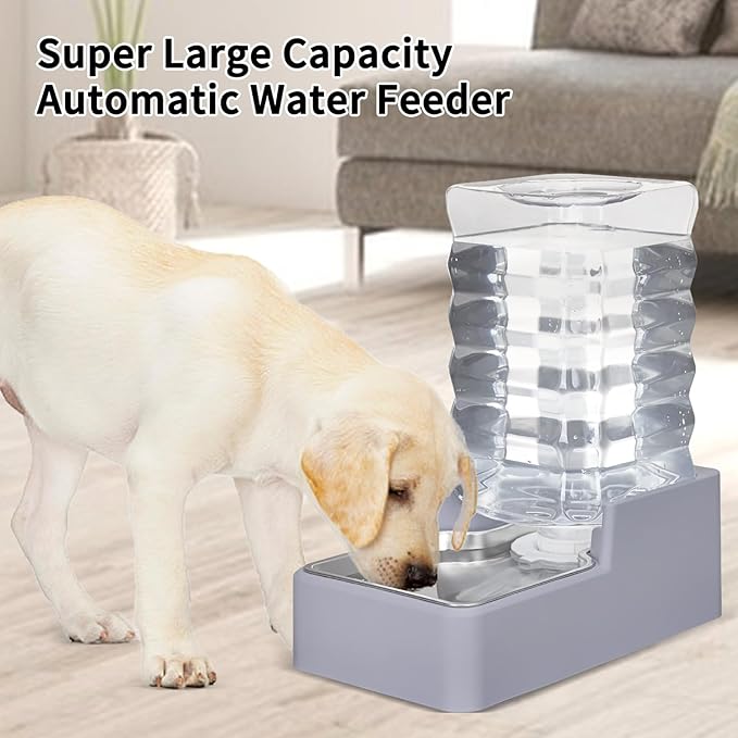 Automatic Pet Water Dispenser: 8L Light Gray Gravity Feeder with Stainless Steel Bowl - BPA-Free for Dogs Cats - No Spill Design