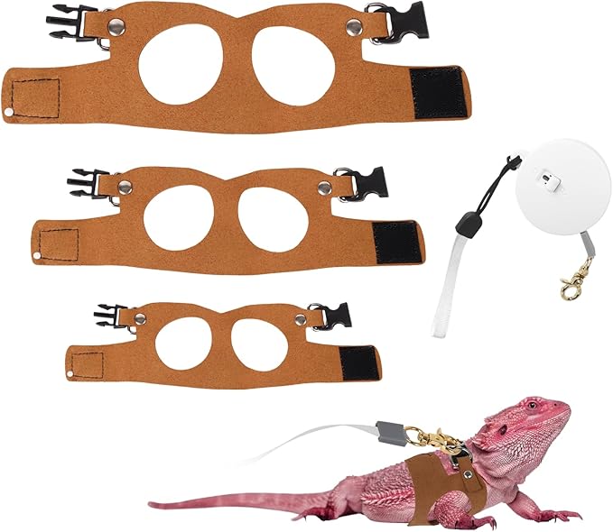 3Pack Bearded Dragon Leash and Harness Set, Bearded Dragon Accessories Clothes Stuff, Adjustable Easy Walk Rat Harness with 6.56 ft, Vest Accessories for Reptile Squirrel Rat Walking (3 Size, Brown)