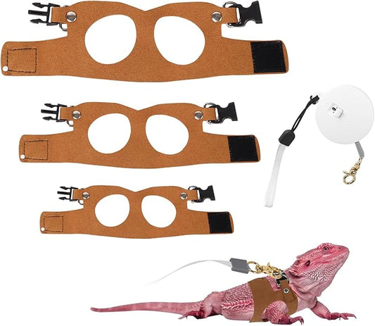 3Pack Bearded Dragon Leash and Harness Set, Bearded Dragon Accessories Clothes Stuff, Adjustable Easy Walk Rat Harness with 6.56 ft, Vest Accessories for Reptile Squirrel Rat Walking (3 Size, Brown)