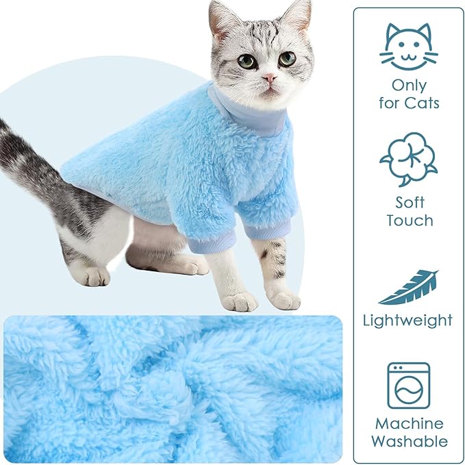SUNFURA Sphynx Cat Sweater, Hairless Cats Turtleneck Pullover Kitten Sweaters for Cats Only, Warm and Soft Cat Pajamas Shirt with Sleeves Pet Winter Clothes Fleece Jumpsuit for Puppy, Blue M