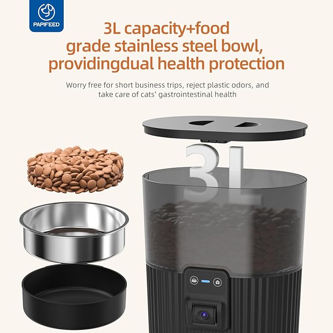 PAPIFEED Automatic Cat Feeder with Camera with 84 oz/2.5L Automatic Pet Drinking Fountain，‌Adjustable Angle 2.4G WiFi/App Pet Food Dispenser，3.5L/15 Cup Timed Dispenser with Two-Way Audio