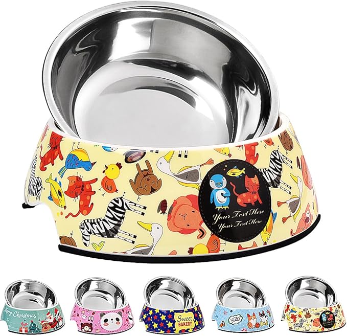 Pet Cats Dogs 2 in 1 Food Water Bowls - Non Slip Skid Proof Heavy Duty Pet Cats Dog Food Water Bowls for Feeding Drinking Small Medium Large Dogs Cats Puppies- Cartoon Animal World-S