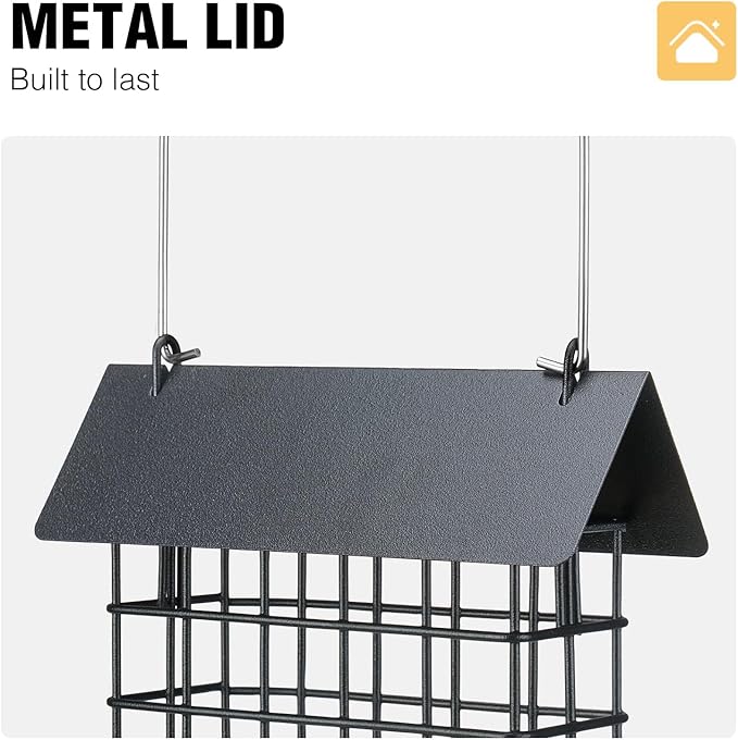 Veehoo 2Pcs Suet Bird Feeder for Outside Hanging with Metal Roof-Suet Cakes Cage Bird Feeder for Outdoors Hanging, Outdoor Garden Wild Bird Feeder Suet Holder, Woodpecker Feeder, Black