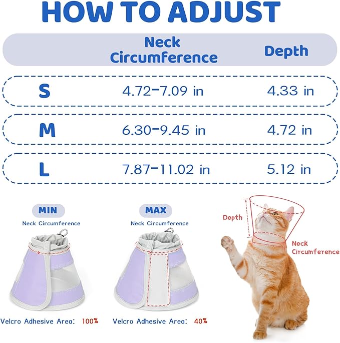 Breathable Air Mesh Cat Cone Collar Soft to Stop Licking, Adjustable, Foldable Lightweight Kitten Cones After Surgery Recovery for Cats & Kittens (Light Purple,L)