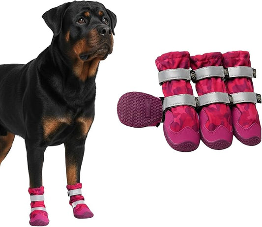 Spark Paws Dog Shoes, Waterproof Dog Boots for Medium to Large Dogs, Non Slip, Breathable Dog Booties and Paw Protectors - 4PCS Doggie Hiking Boots with Reflective Straps, Pink Camo, Size 7