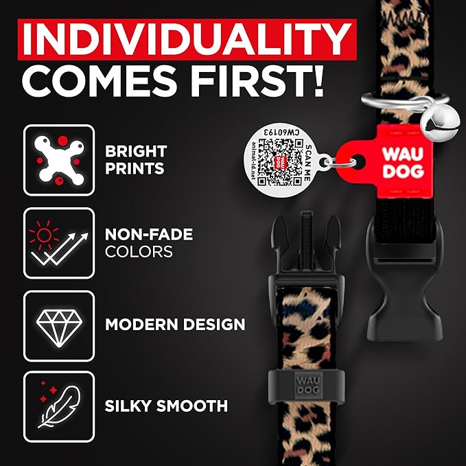 WAUDOG Nylon Cat Collar with Removable Bell and QR ID Tag for Small, Medium and Large Breeds Adjustable Long Lasting Durable Kitten Collars Boy & Girl