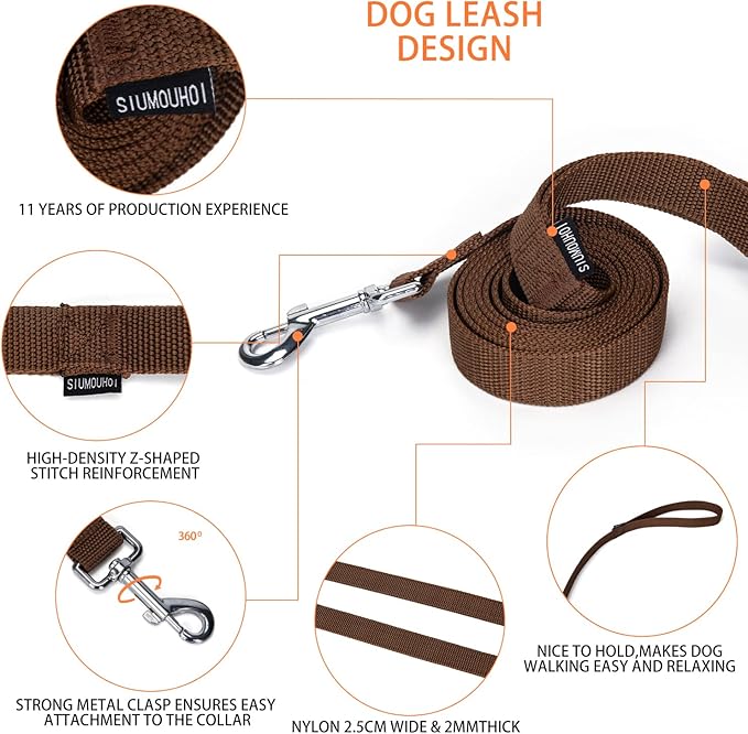 Strong Durable Nylon Dog Training Leash, 1 Inch Wide Traction Rope, 6 ft 10ft 15ft Long, for Small and Medium Dog (Brown, 6 Feet)