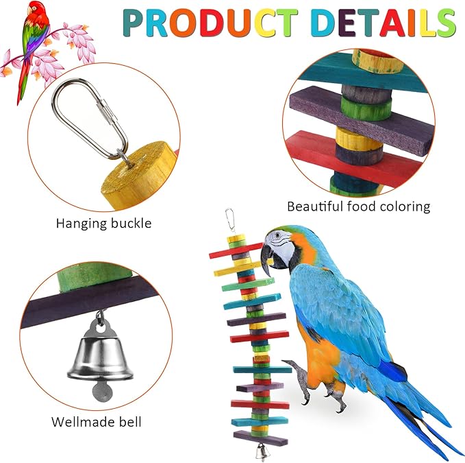 4 Pcs Bird Parrot Toys with Multicolored Natural Wood Blocks, Bird Chew Toys for Large Medium Parrots Macaws Lovebirds Doves Cockatiels Conures Parakeets Chewing Biting Foraging, 2 Designs